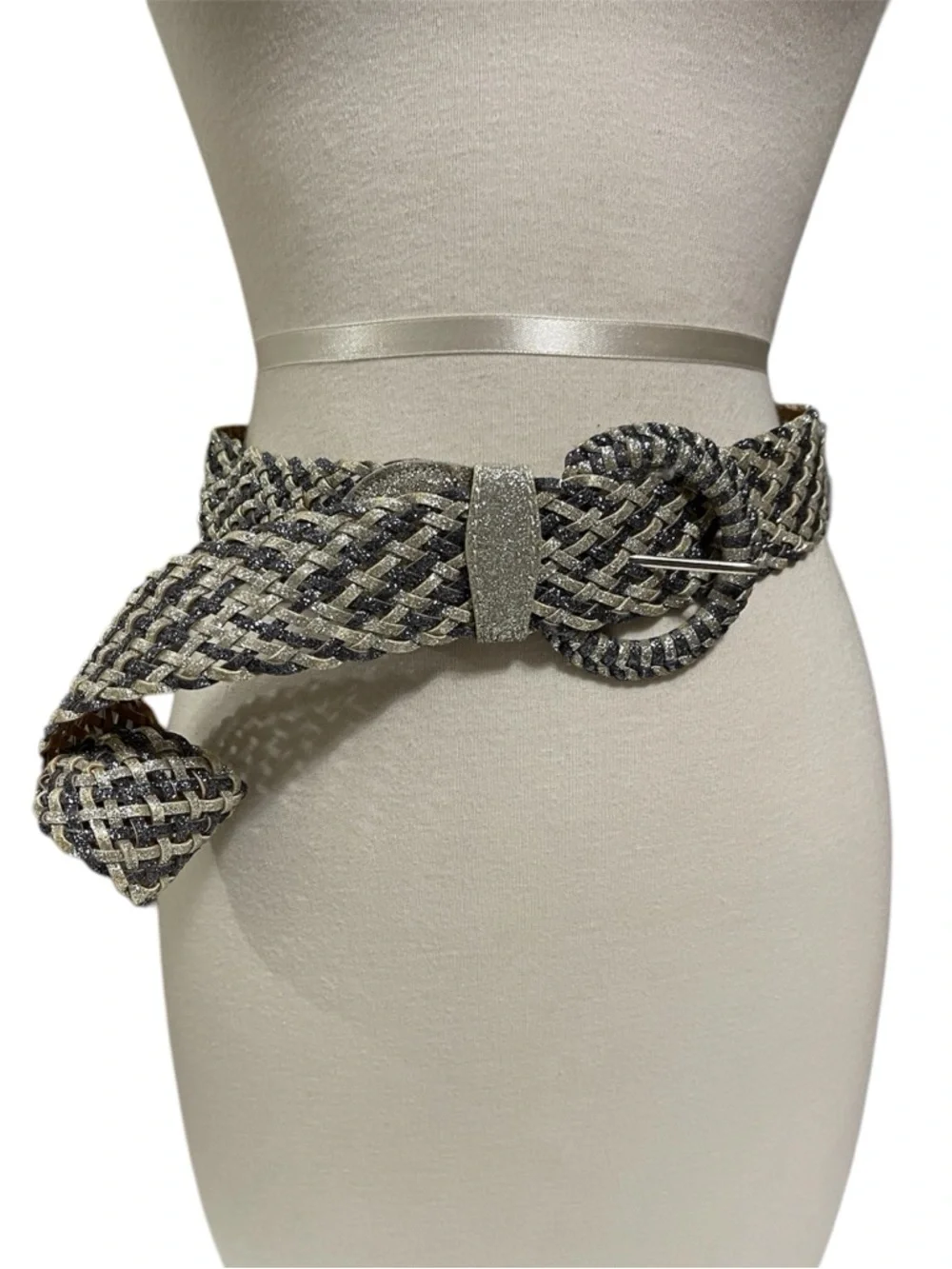 Woven Glittery Metallic Silver and Black Braided Belt